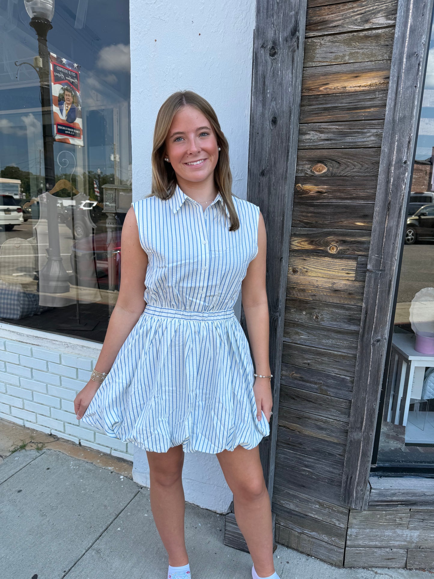 Hayden blue and white striped bubble dress