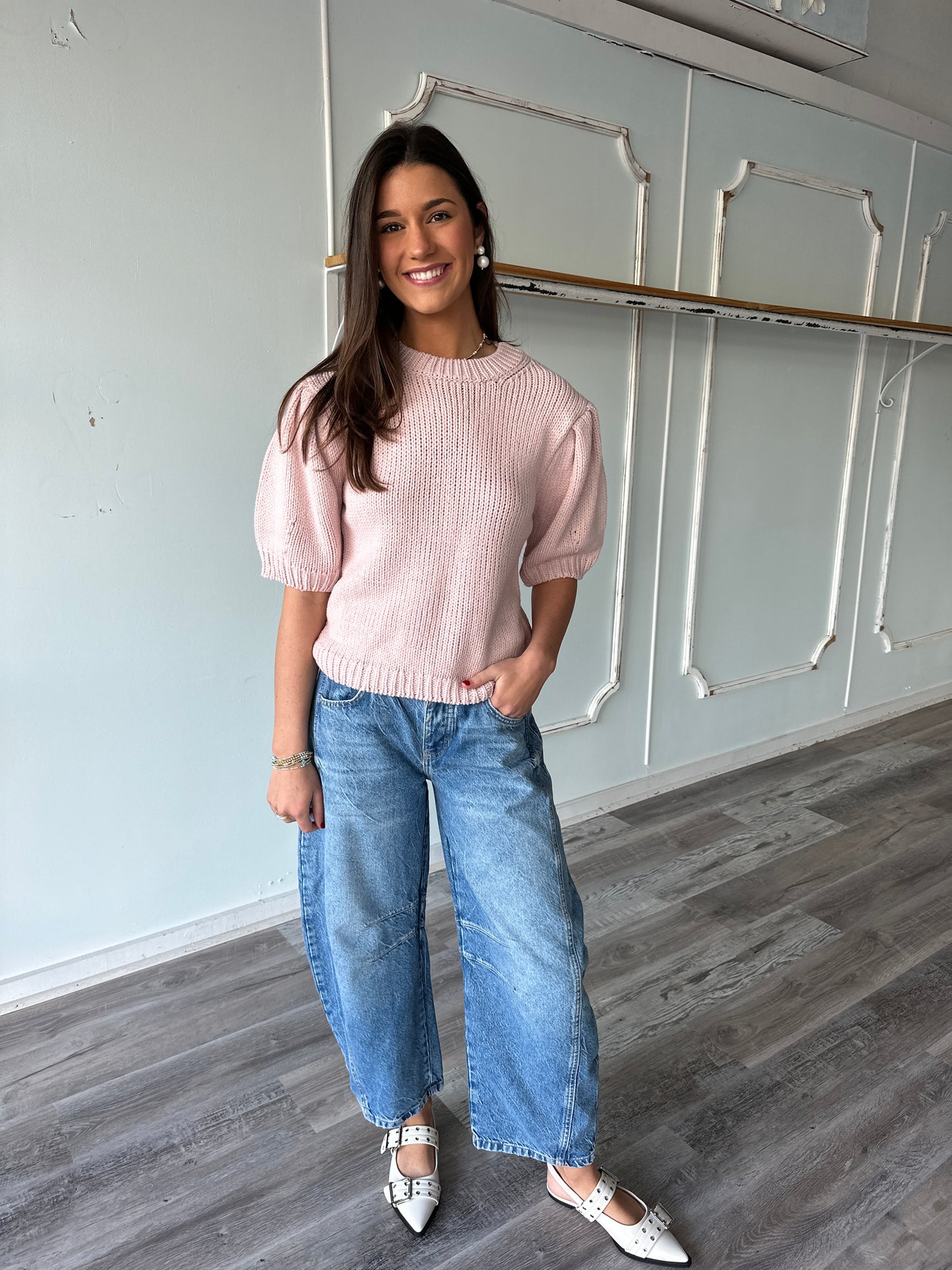 Pink Solid Puff Sleeve Short sleeve Sweater