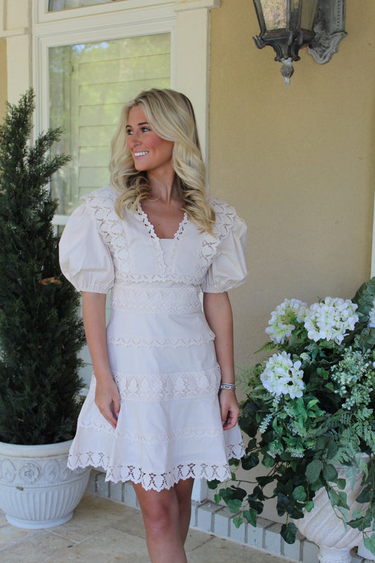 Solid Ivory Lace Trim Dress