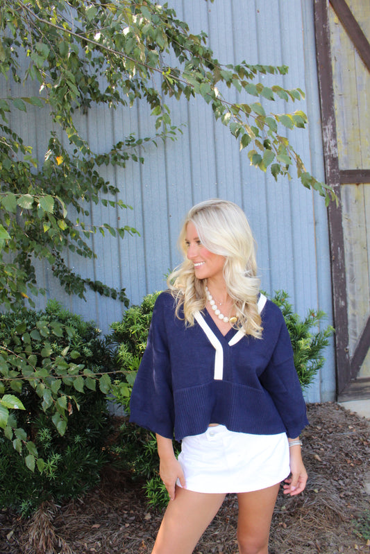 Navy and White Short Sleeve Sweater