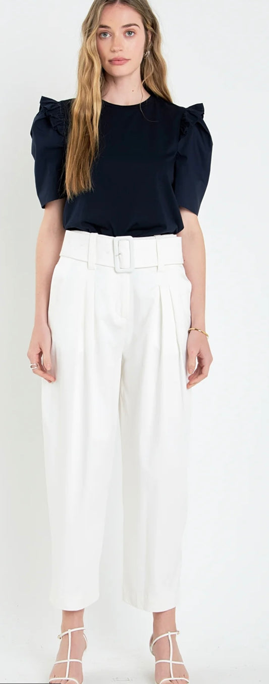 White Buckle Linen Dress Pants