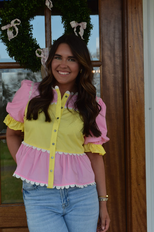 Pink & Yellow Scalloped RicRac Top