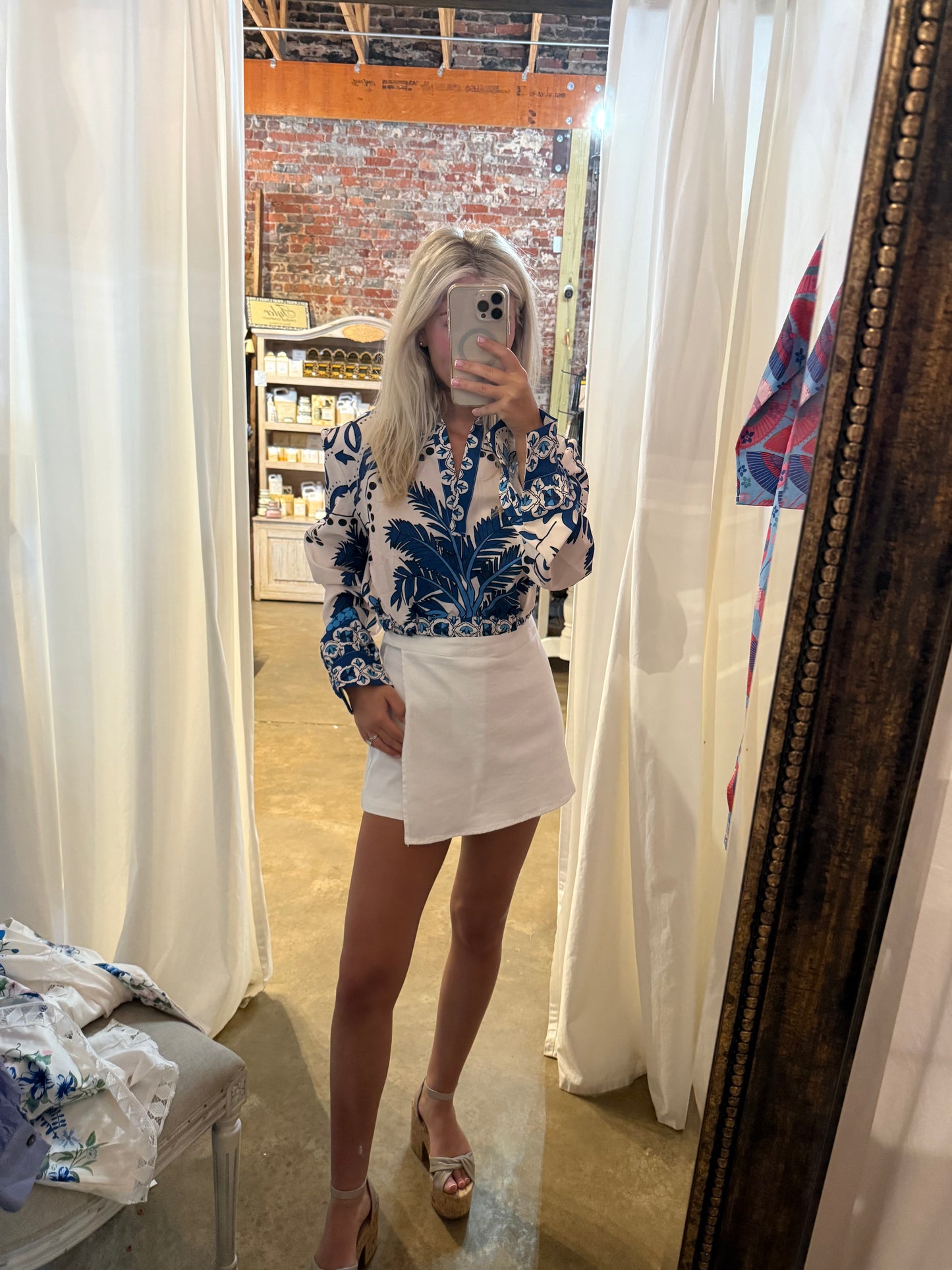 Blue Floral V Neck Crop Top