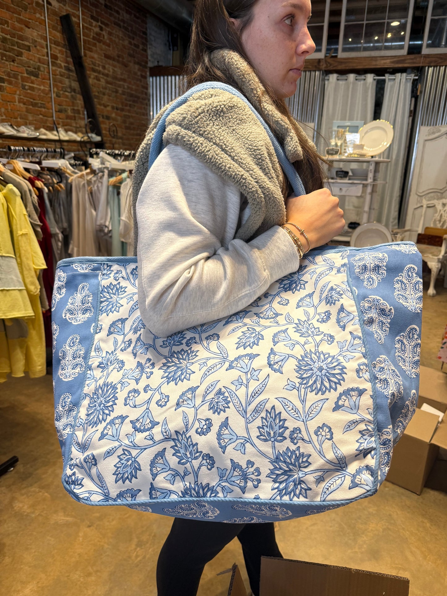 Blue and White Floral Tote Bag