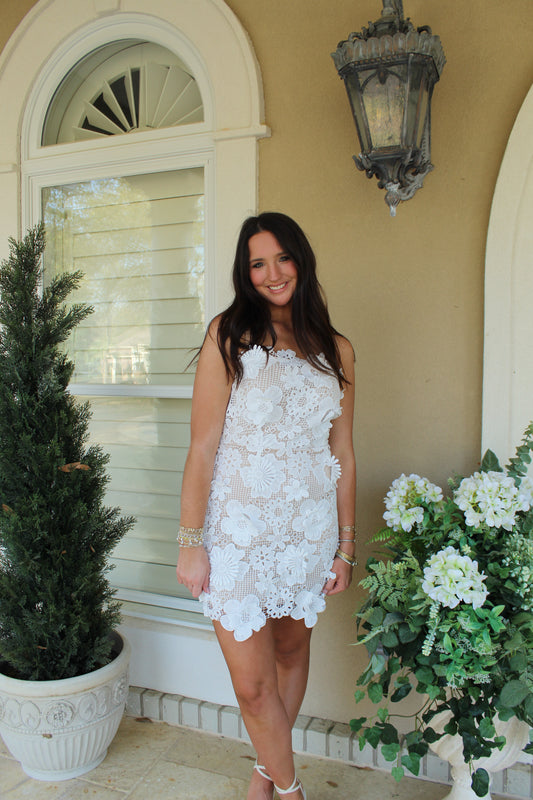 Floral Lace Strapless White Mini