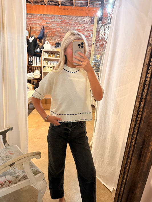 White Navy Stitched Crop Sweater