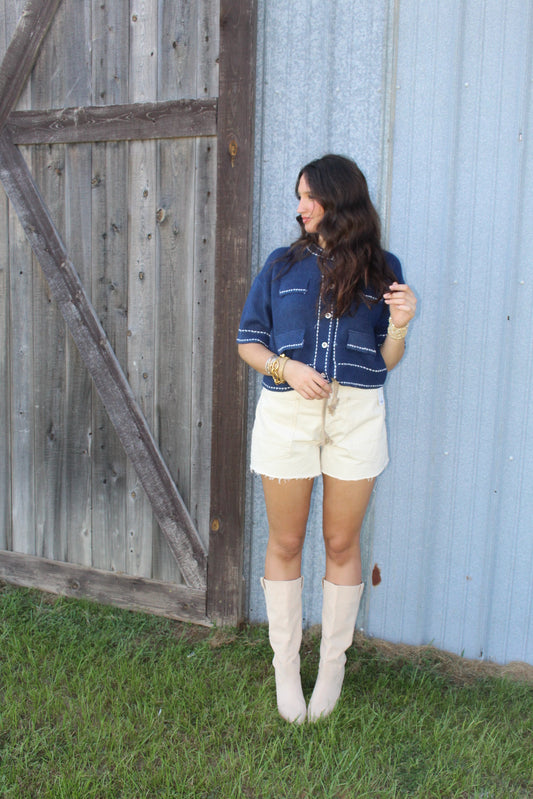 Navy and White Button Sweater