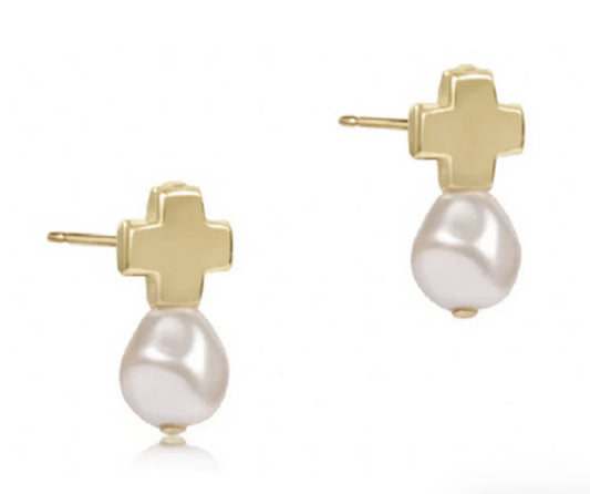 Signature Cross Gold Stud Earrings Big Pearl