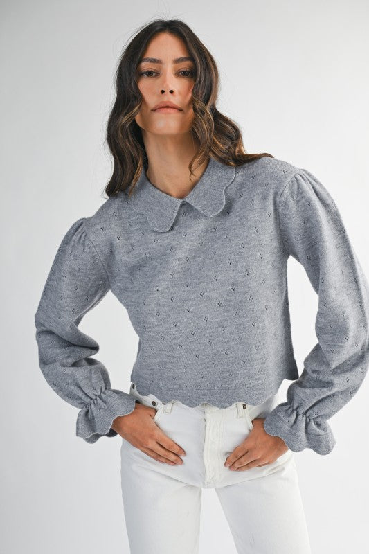 Peter Pan Collar Grey Eyelet Sweater