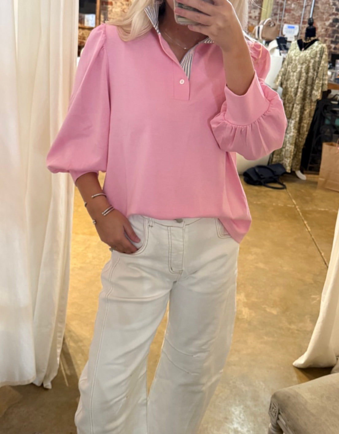 Blue and White Stripped Collared Pink Blouse