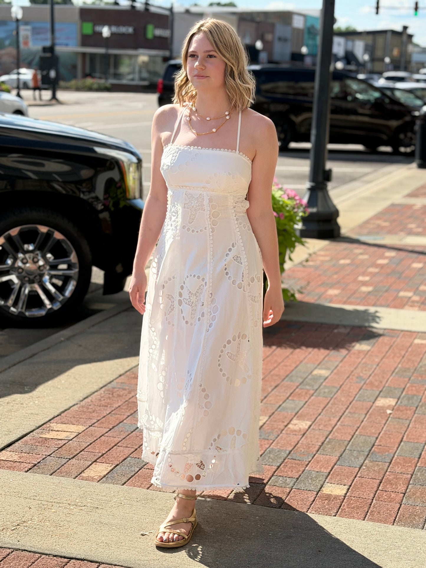 White Eyelet Spaghetti Strap Dress