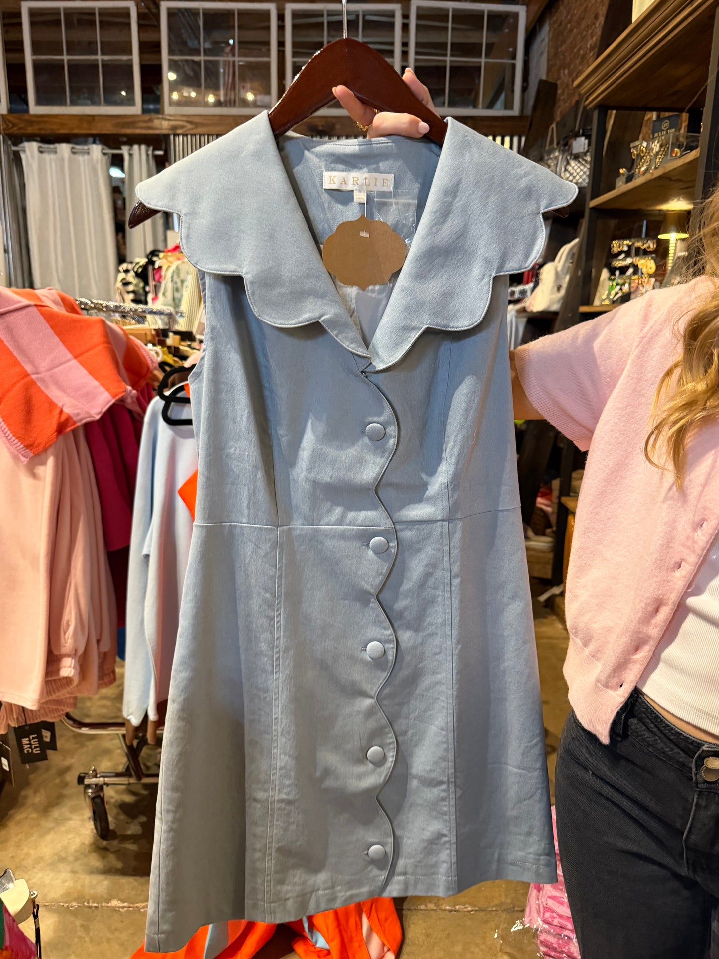 Blue Chambray Scalloped Mini Dress