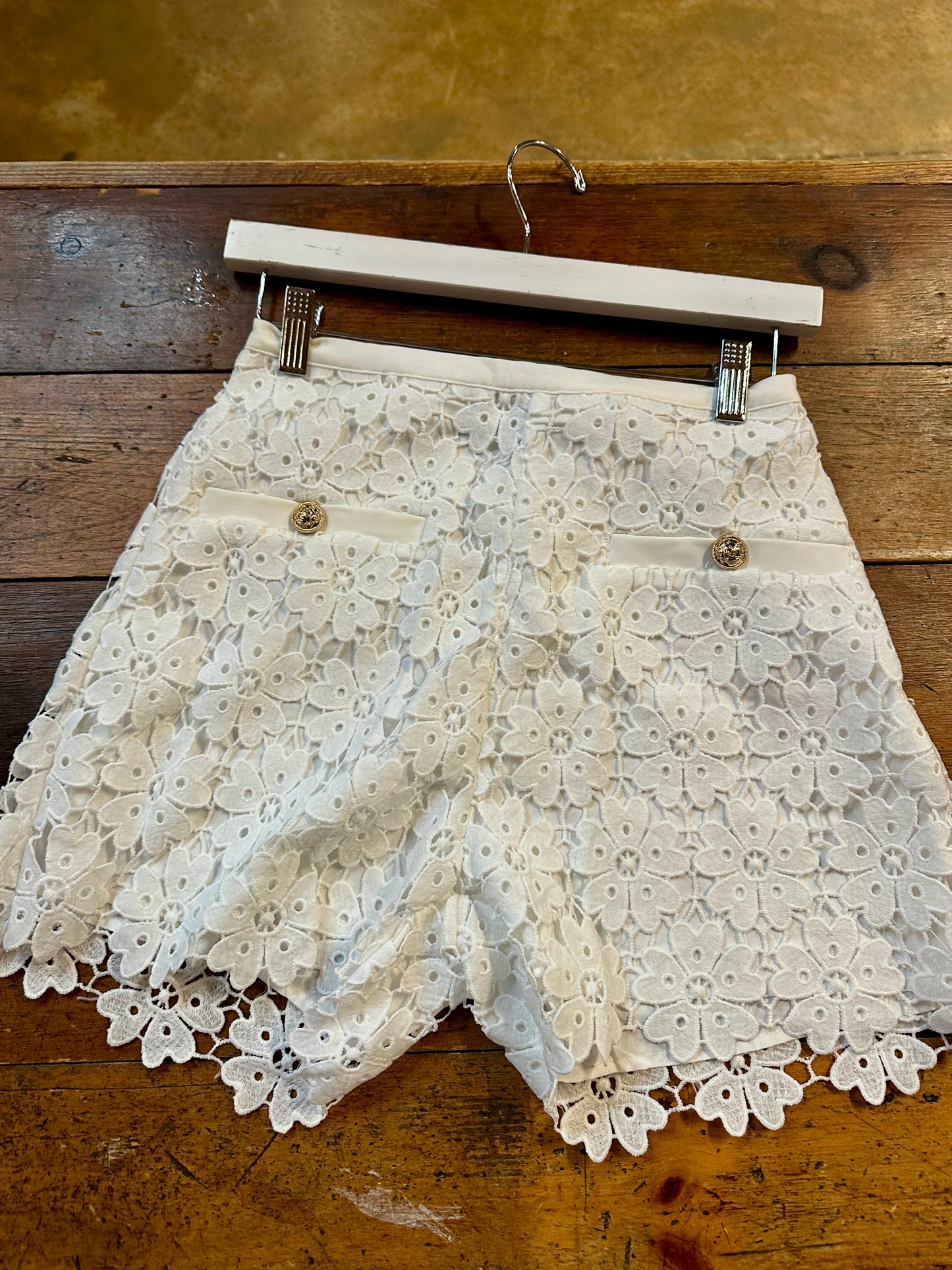 White Lace Shorts with gold button