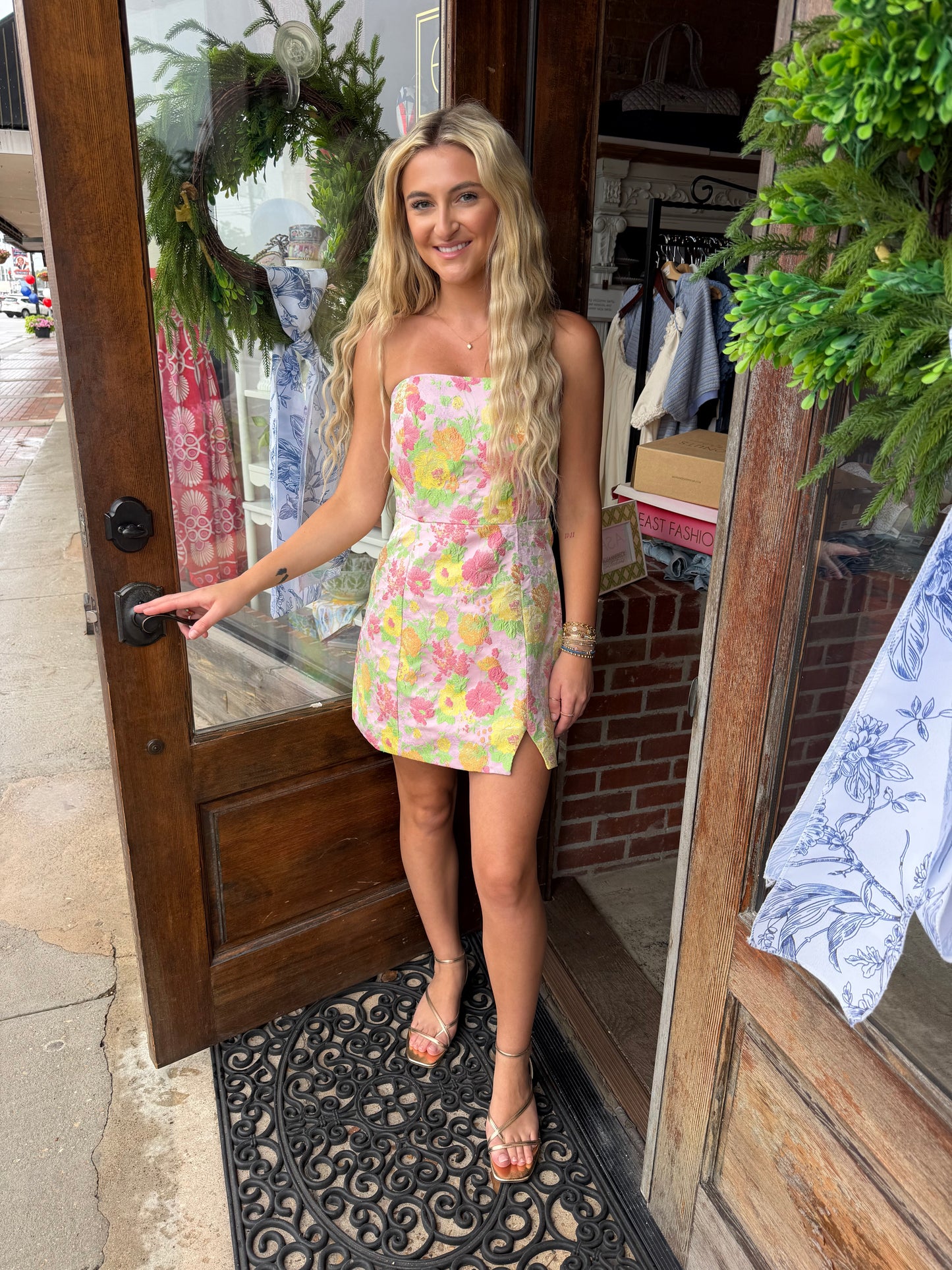 Floral Jacquard Strapless Mini Dress With Slit
