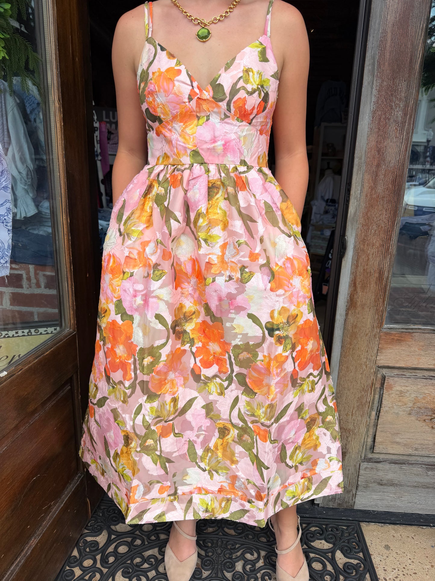 V-NK Midi Sundress with Smocked BK