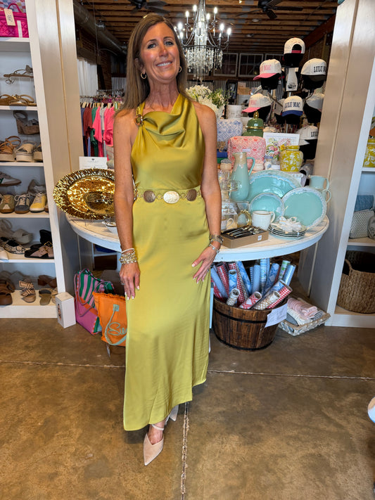 Chartreuse Satin Halter Dress