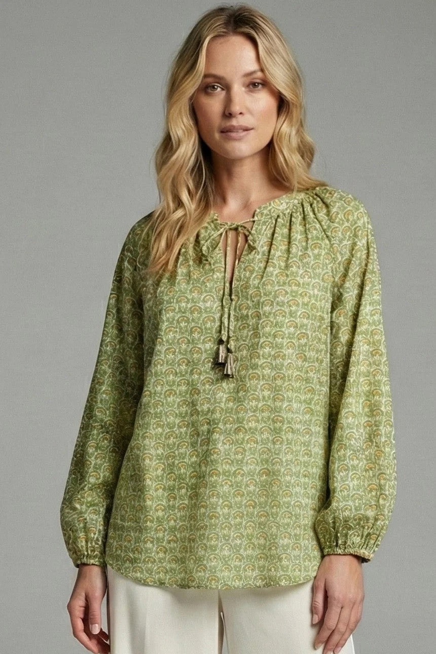 Olive Lotus Print Tie Neck Peasant Blouse