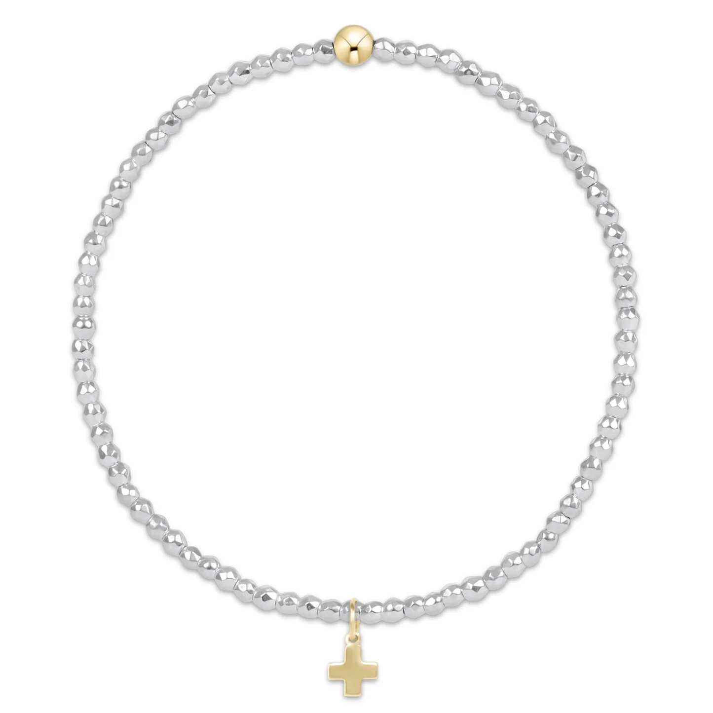 bright silver faceted hematite 2mm bead bracelet - signature cross gold charm egirl
