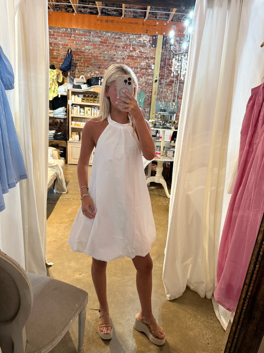 Off White Balloon Bottom Halter Mini Dress