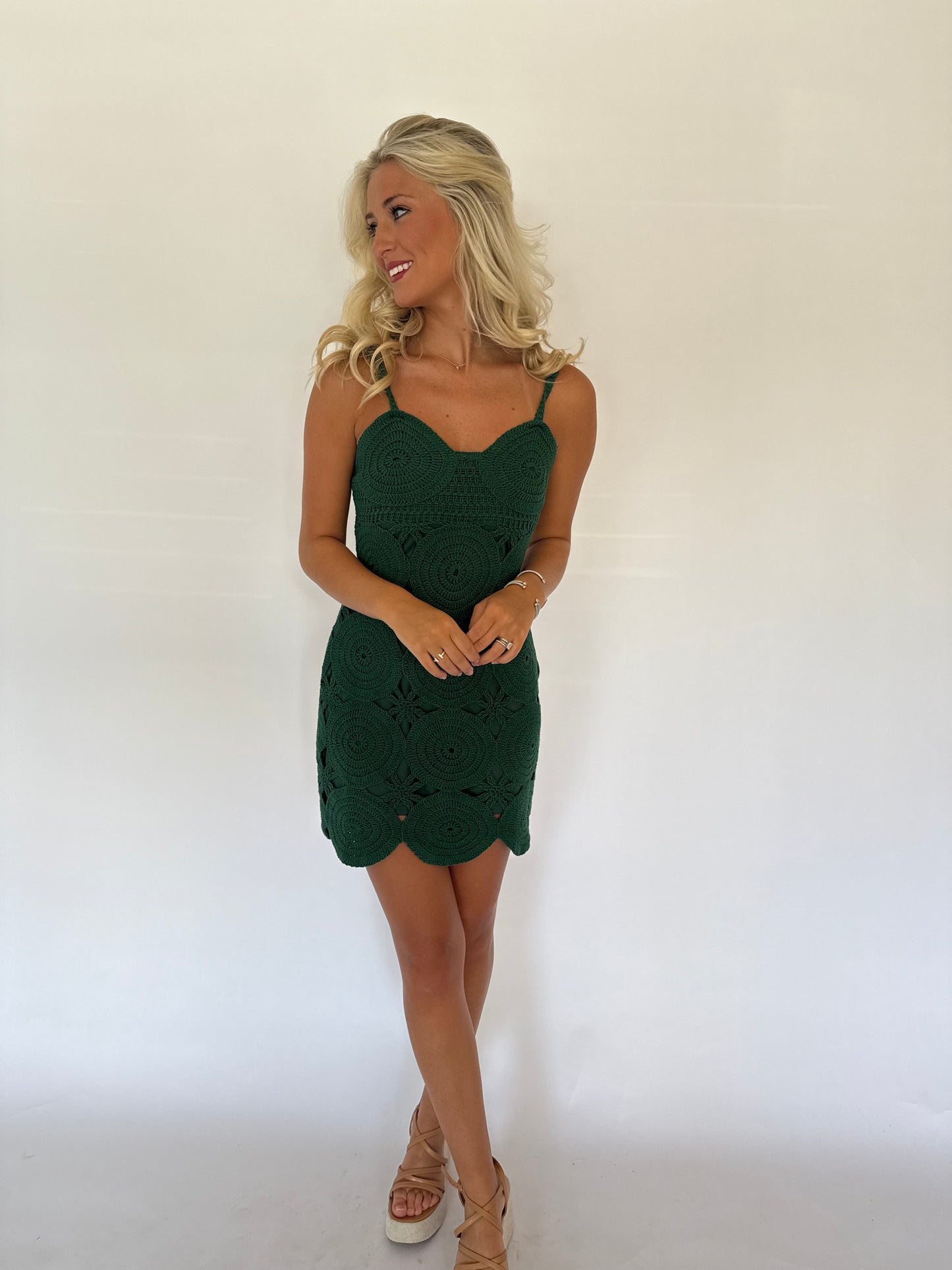 Green Crochet Detail Mini Dress