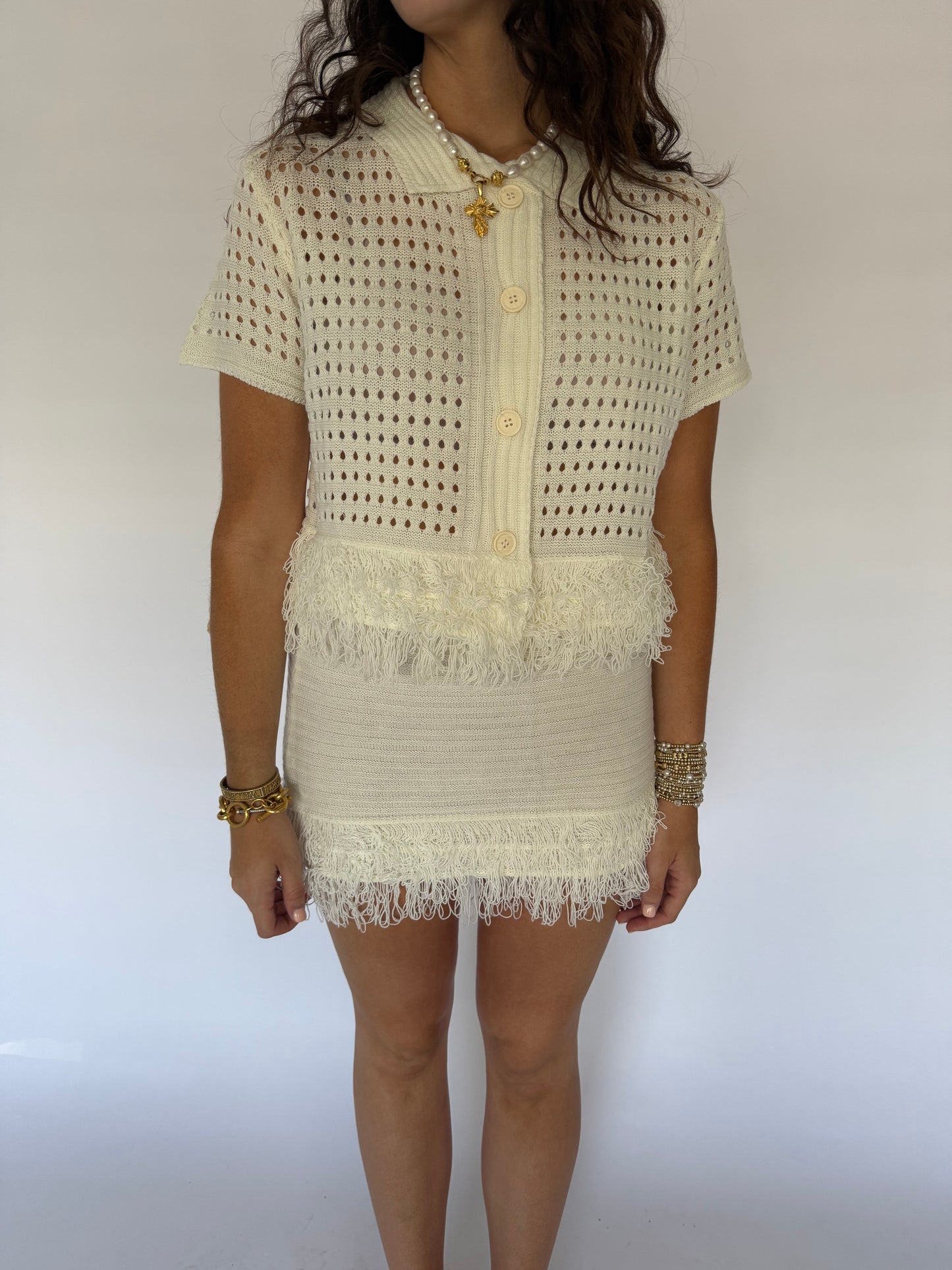 White Fringe Sweater Set