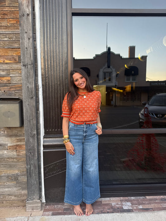 Orange Printed Ruffle Sweater