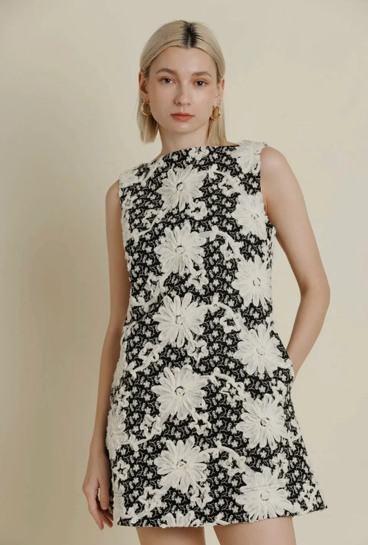 Embroidered Twill Mini Dress Black