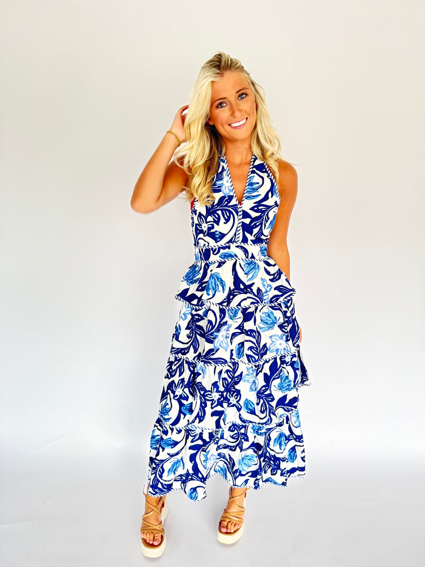 Blue and White Midi Flow Dress