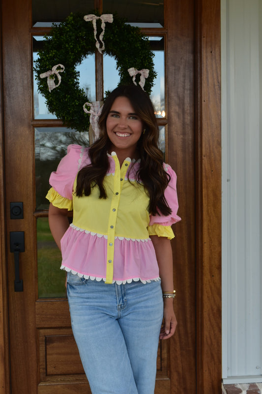 Pink & Yellow Scalloped RicRac Top
