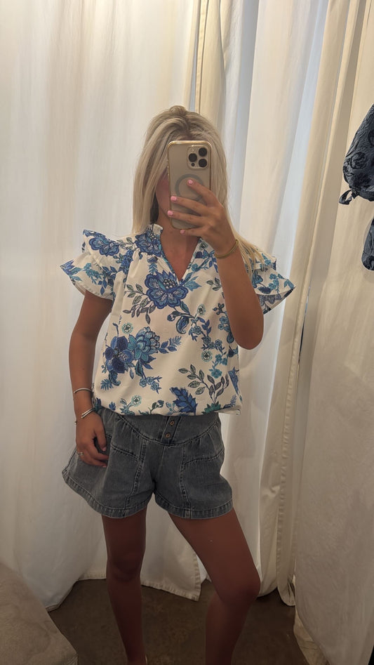 Blue Floral Cap Sleeve Top