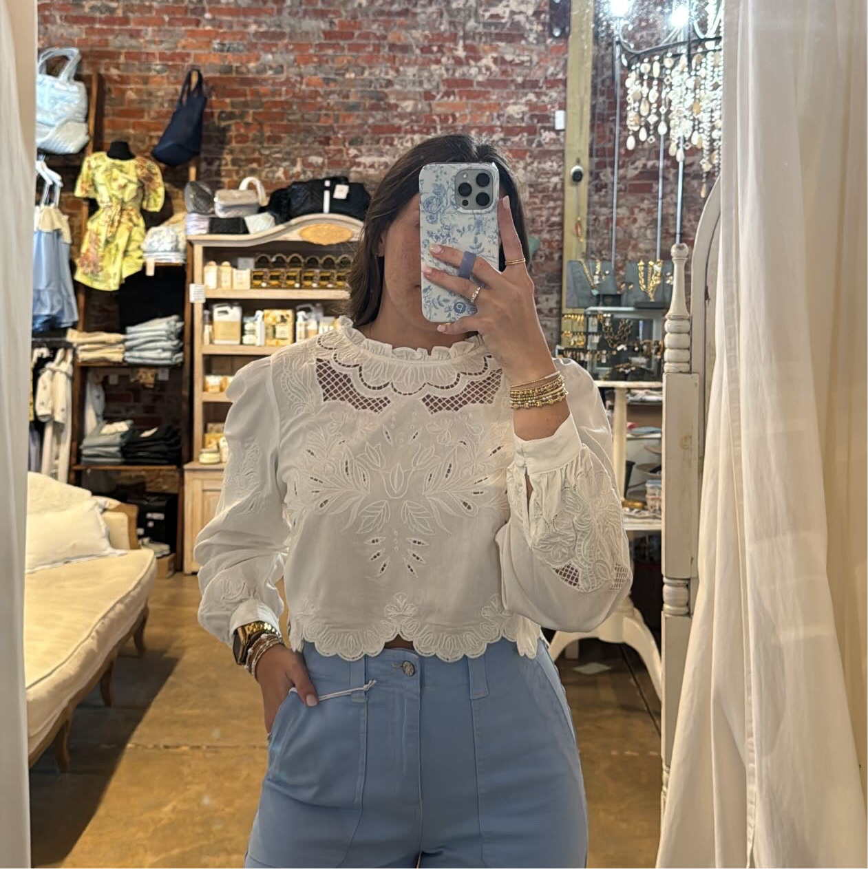 White Embroidered Long Sleeve Blouse