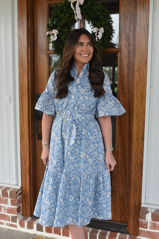 Spring Floral Belted Shirt Dress