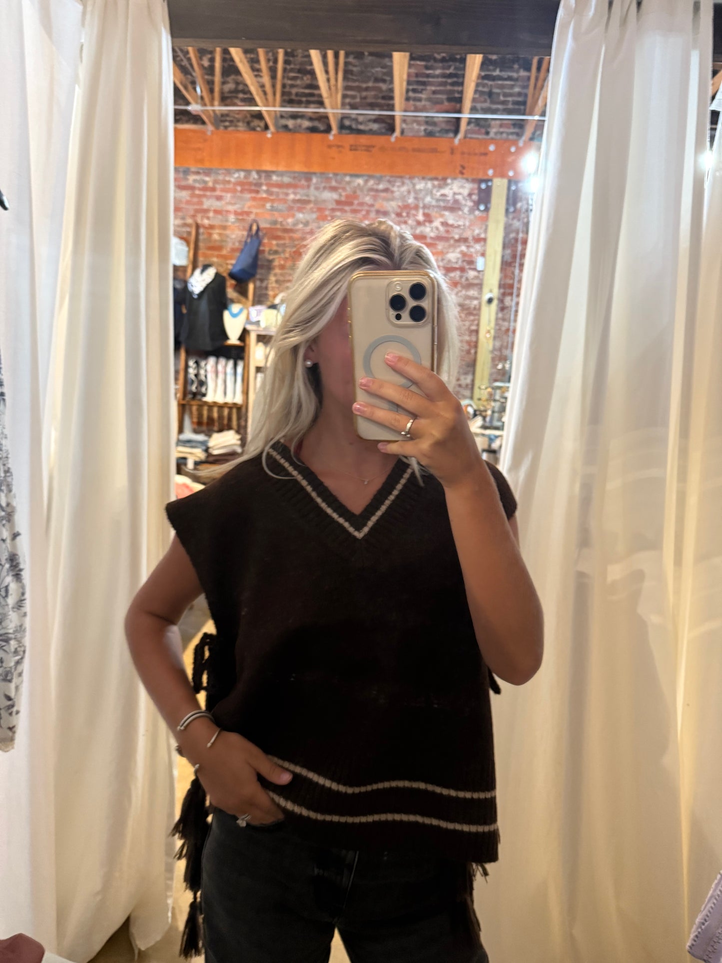 Brown and White Tie Top