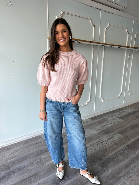 Pink Solid Puff Sleeve Short sleeve Sweater