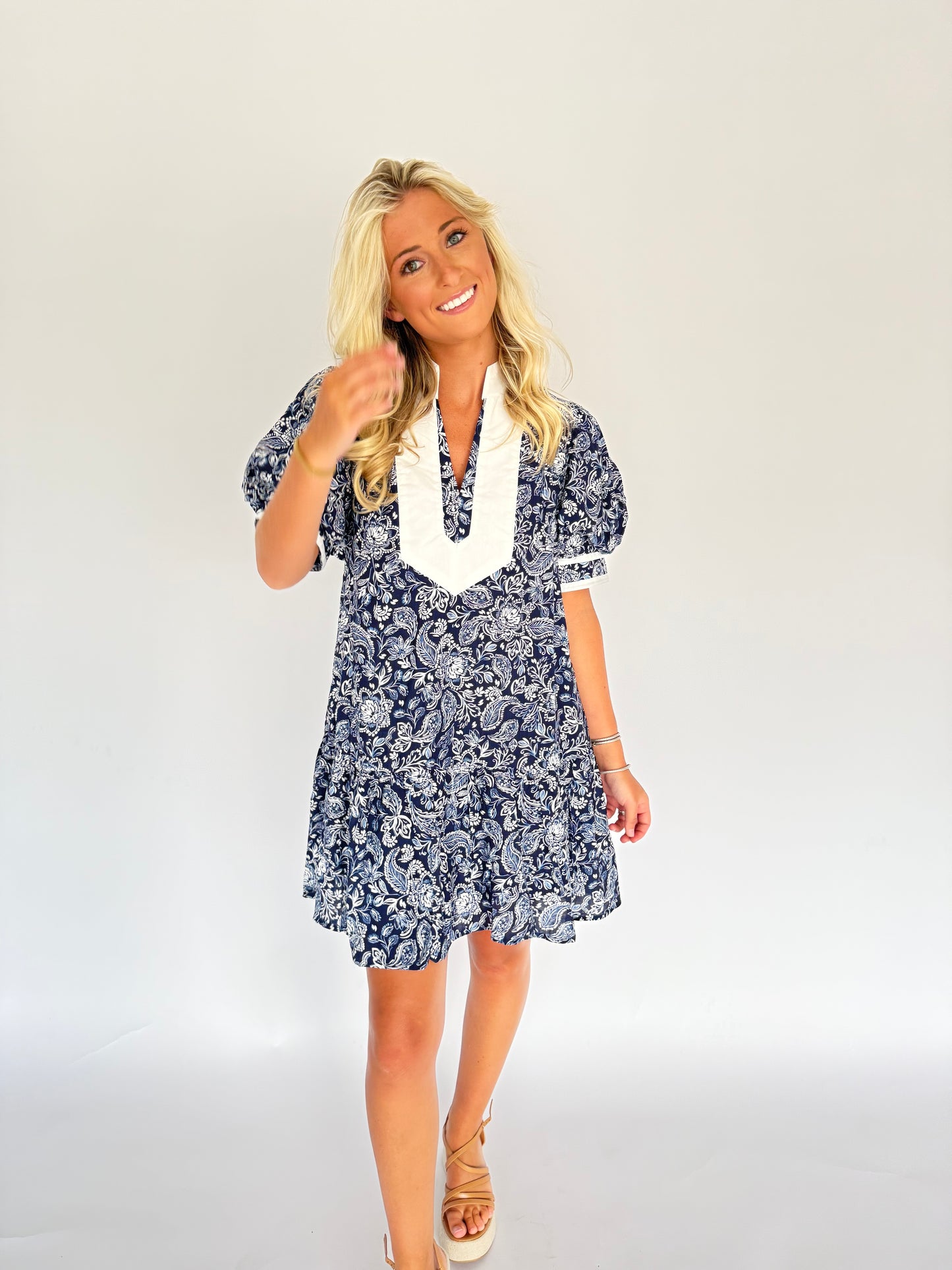 Navy Poplin Puff Sleeve Dress