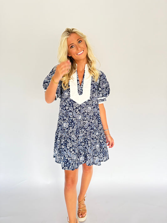 Navy Poplin Puff Sleeve Dress