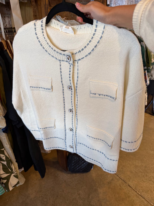 Cream and Blue Stitched Sweater