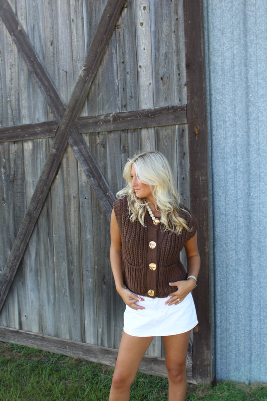 Gold Button Down Brown Sweater Vest