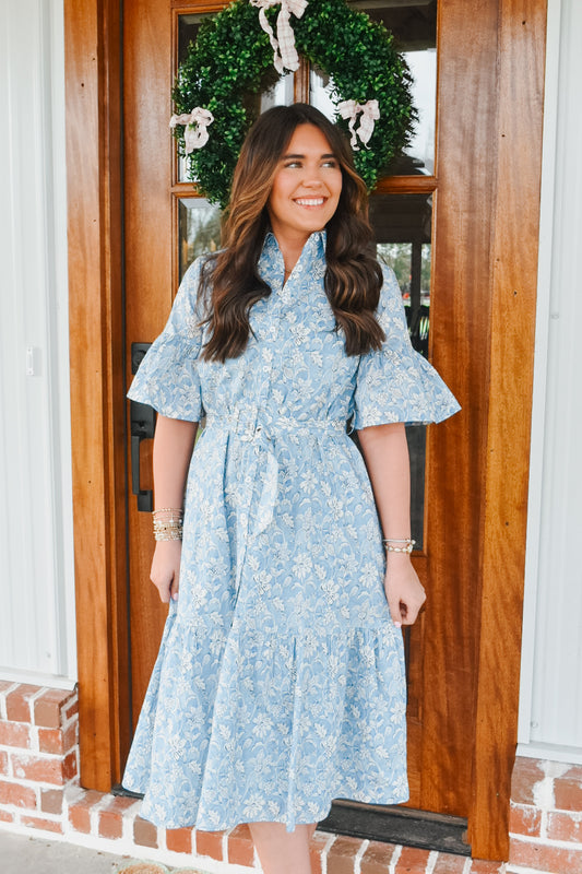 Spring Floral Belted Shirt Dress