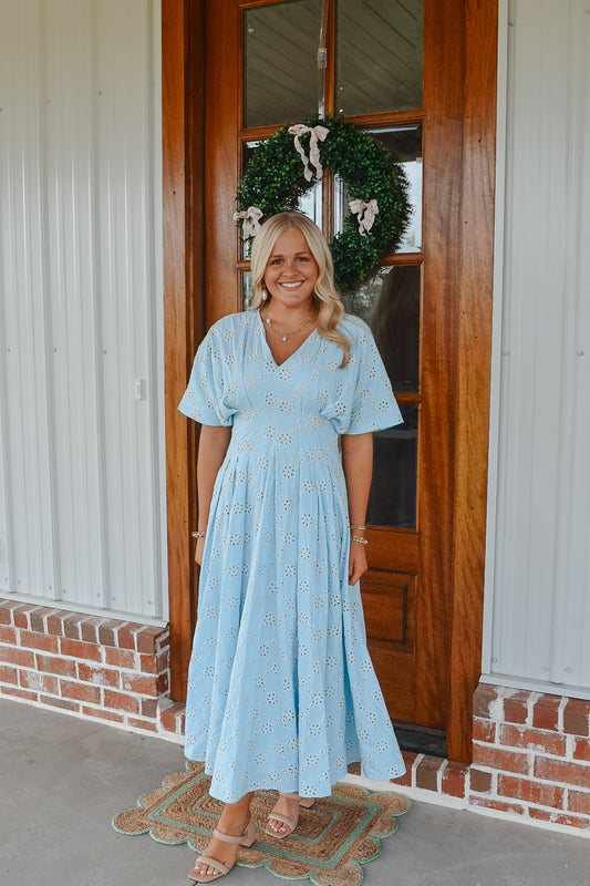 Blue and White Eyelet Midi Dress