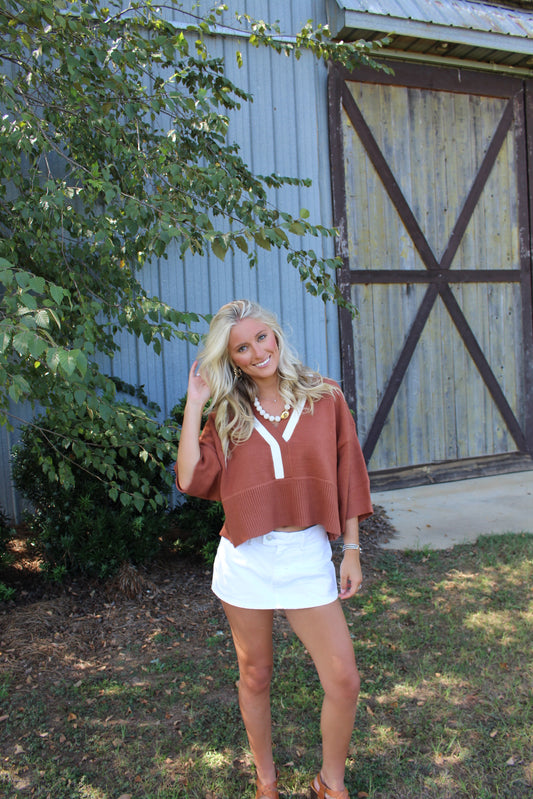 Rust and White Short Sleeve Sweater
