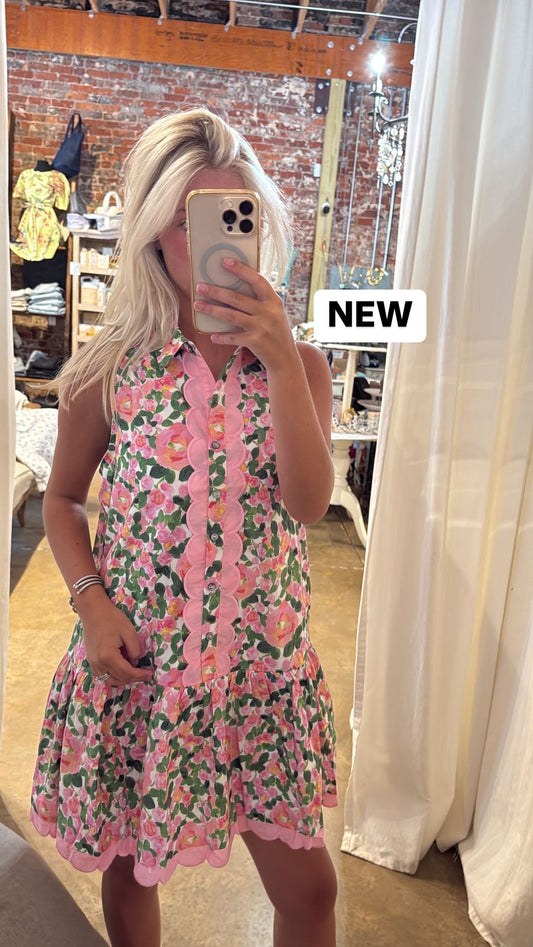 Pink & Green Floral Collared Dress