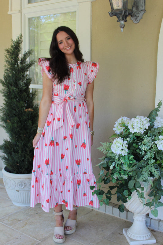 Stripe Poppy Ruffle Maxi Dress
