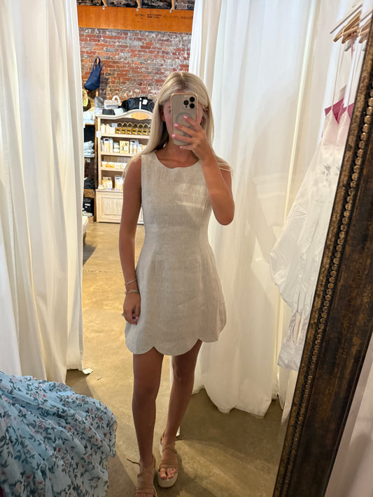 Oatmeal Linen Scallop Hem Mini Dress