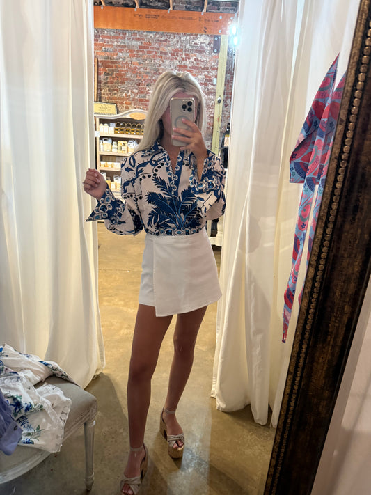 Blue Floral V Neck Crop Top