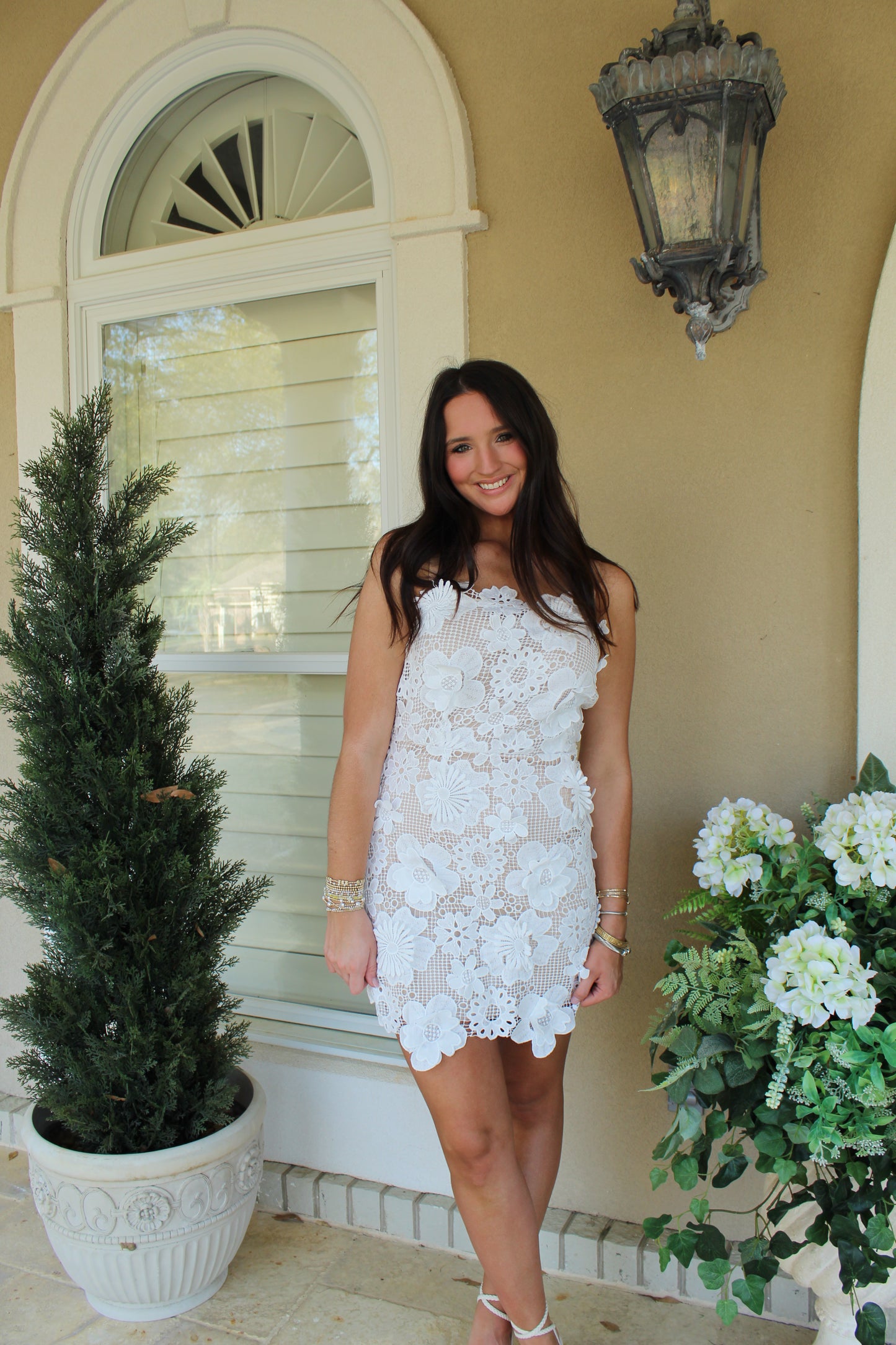 Floral Lace Strapless White Mini