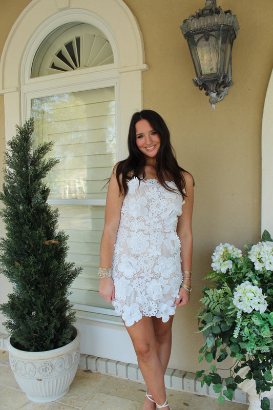 Floral Lace Strapless White Mini