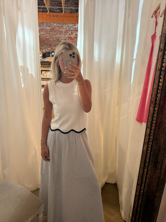 White & Navy Scalloped Tank
