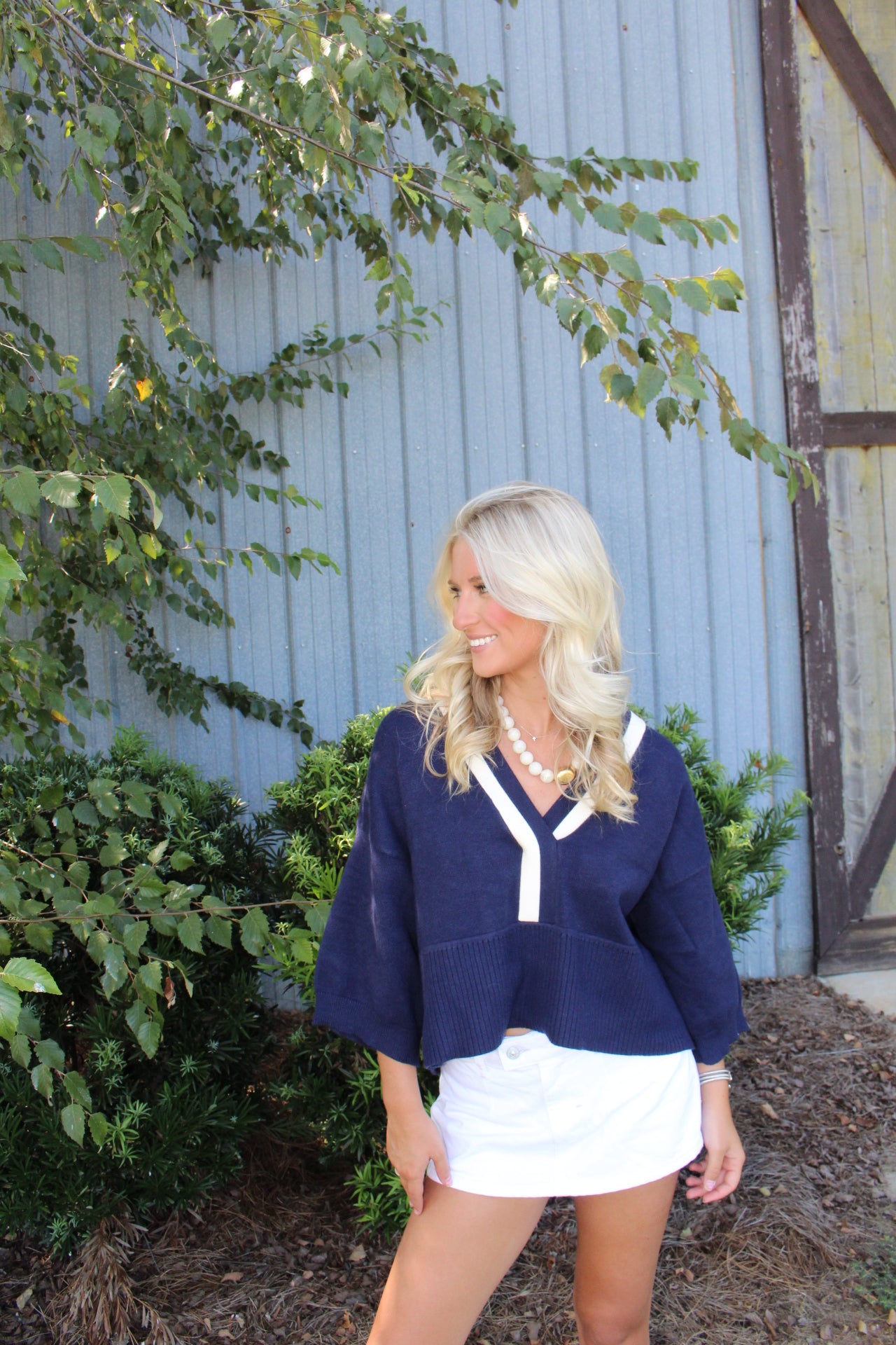Navy and White Short Sleeve Sweater