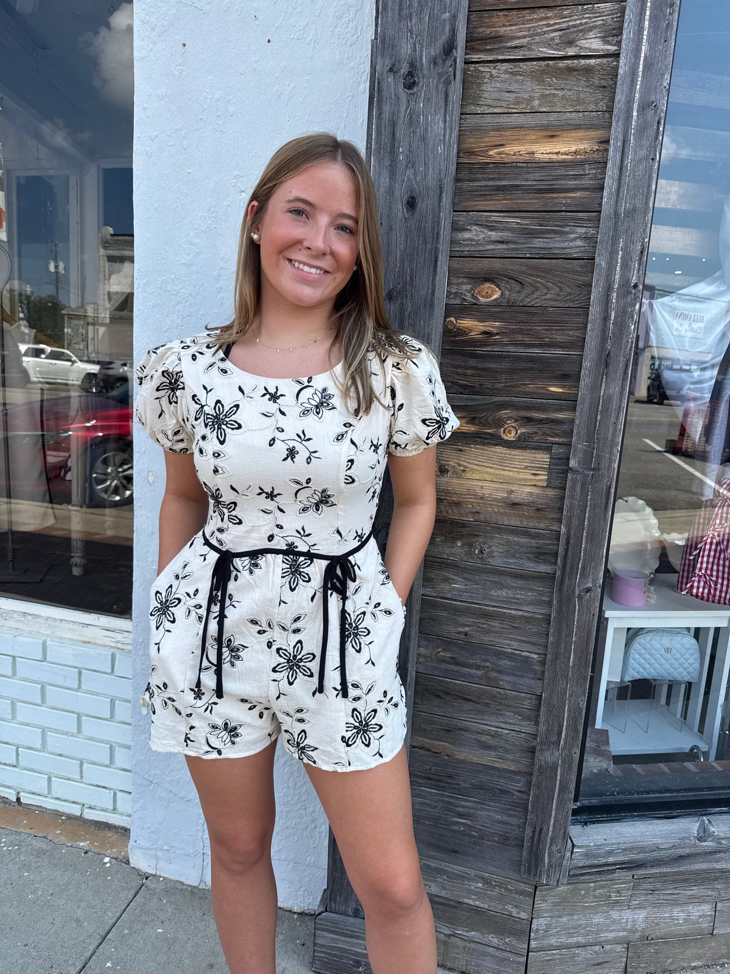 Cream and Black Floral Romper